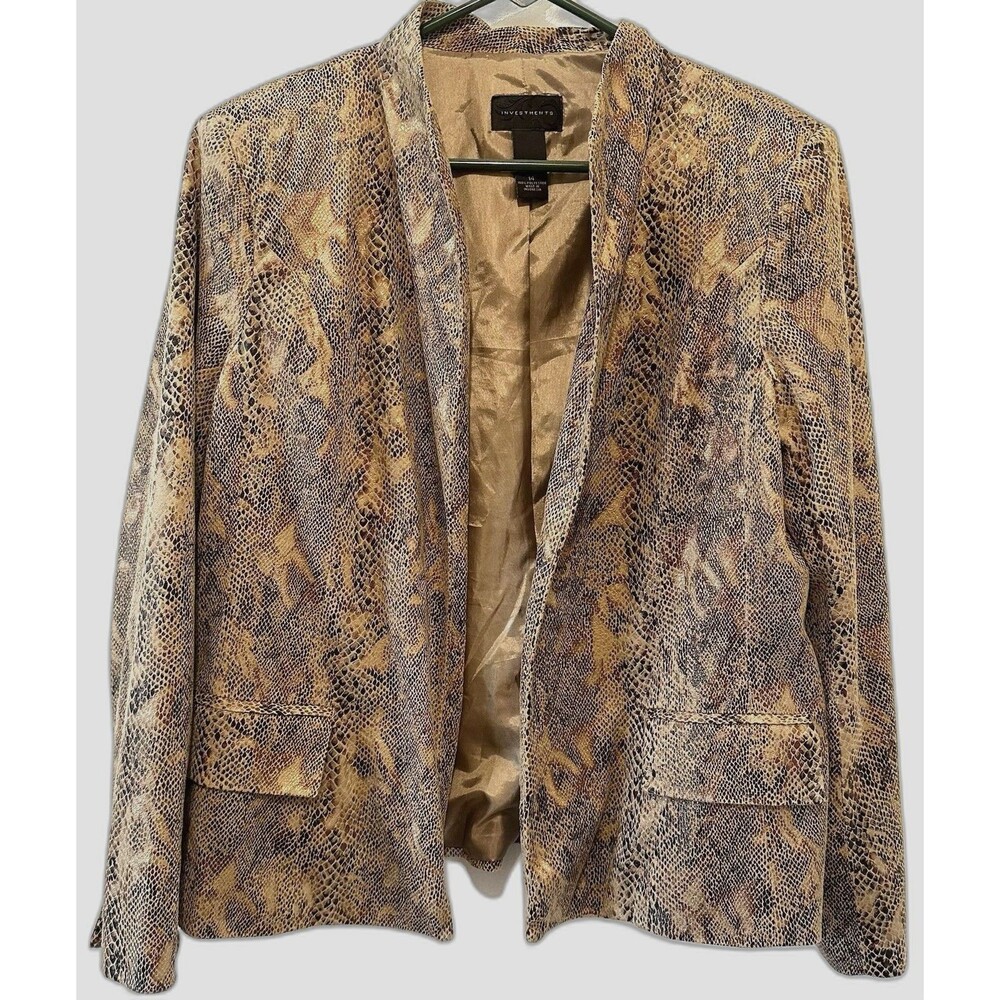 Investments Size 14 Faux Snakeskin Print Blazer Jacket Brown Open Front Lined